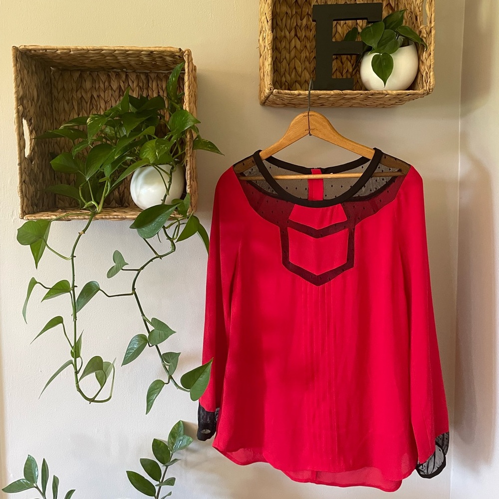 Lace detail, red, dressy top. Perfect for for a fancy party or a night out!